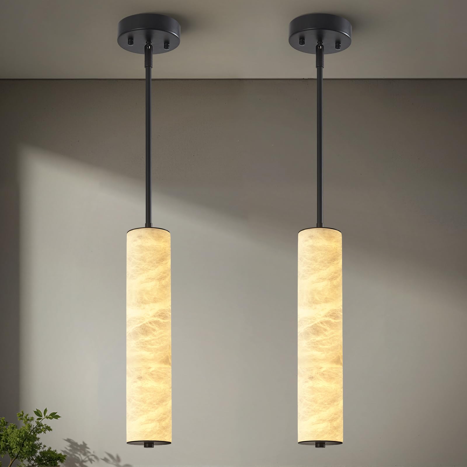 Photo 1 of LMQNINE Natural Alabaster Pendant Light - Black, 3000K, 15" Tube