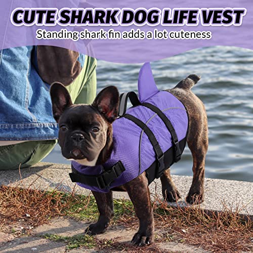 Queenmore Small Dog Shark Life Jacket,Dog Life Vest For Swimming Boating Kayaking,High Buoyancy Puppy Dog Life Preserver,Reflective Light Dog Lifesaver With Strong Rescue Handle (Purple,S) #TOP4