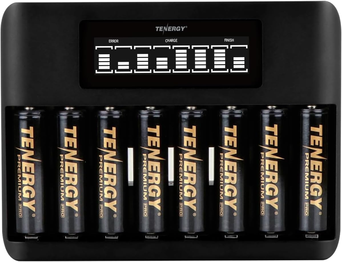 8 Count AA NiMH Premium Pro Rechargeable Batteries and TN480U 8-Bay LCD Display Fast Charger