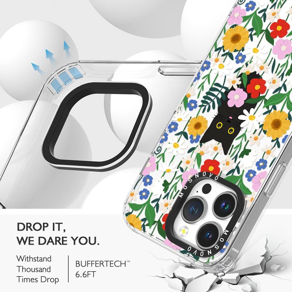 MOSNOVO Compatible with iPhone 14 Pro Max Case, [Buffertech 6.6 ft Drop Impact] [Anti Peel Off Tech] Clear TPU Bumper Phone Case Cover Cute Black Cat in Garden Designed for iPhone 14 Pro Max 6.7"