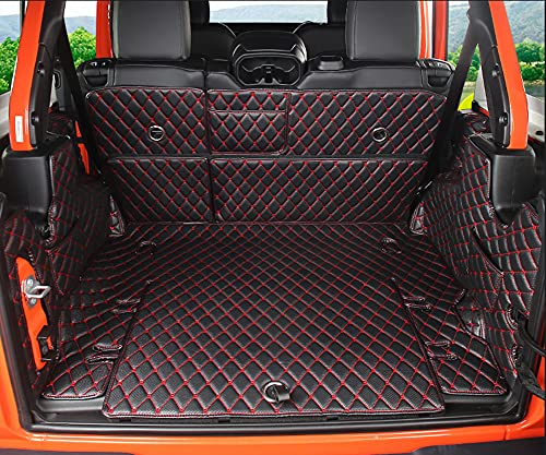 FHJBP Cargo Mats Trunk Tray Compatible for Jeep Wrangler Sahara 4dr No Subwoofer 2018-2021-Newest SUV Cargo Tray Liners Custom-fit (Black w/Red Stitching)