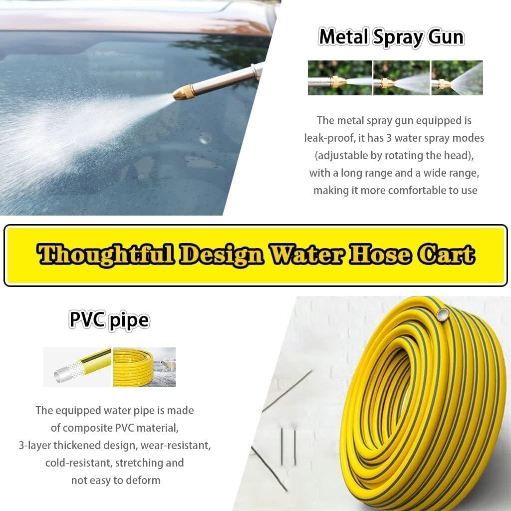 Portable Hose Reel Cart With Metal Spray Gun, Garden Hose Reel For Yard, Lawn, Car Wash(Hose Cart+10m Pipe)