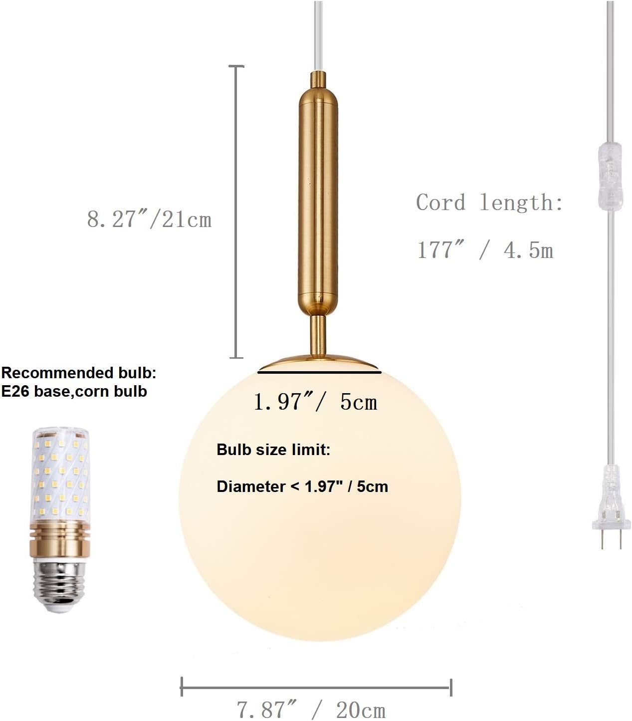 Surpars House Plug in Globe Pendant Lamp, Frosted Glass Ball Pendant Light for Dining Room, Bedroom or Hallway