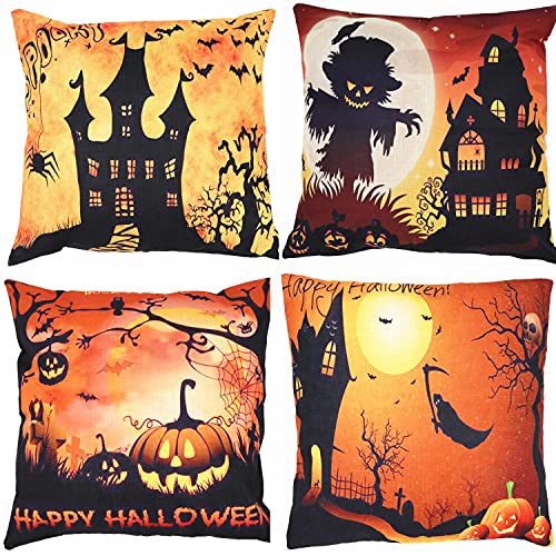 Zuext Happy Halloween Throw Pillow Covers Set Of 4 18X18 Inch For Fall Harvest, Decorative Orange Pumpkin Bat Ghost Witch Cotton Linen Cushion Cover Pillowcases For Car Sofa Bed Couch 45 X 45 Cm #TOP12