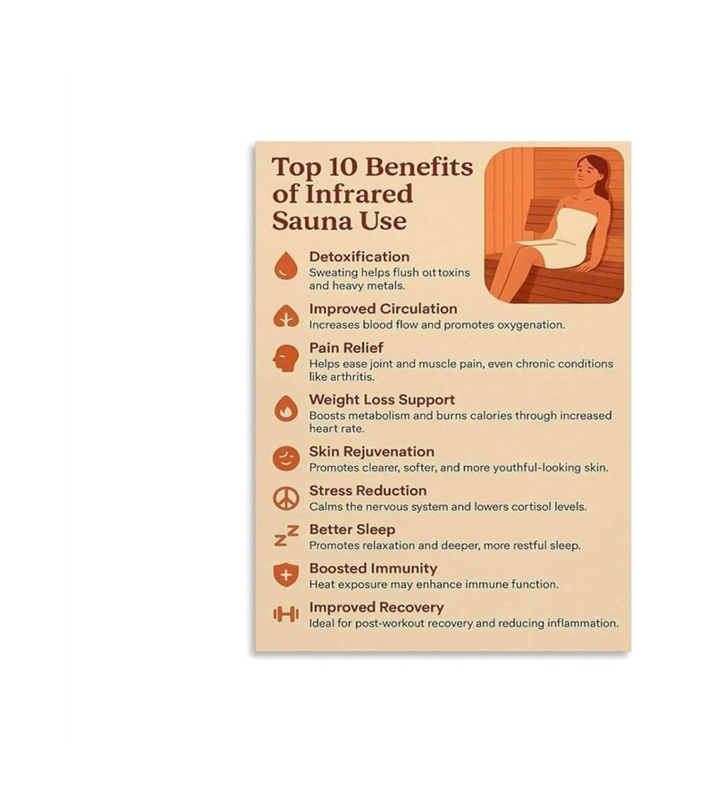HDKYSWBUEJ Wellness Benefits of Infrared Sauna Metal Chart Informational Sign for Relaxation Home Spa and Fitness Room Decor (8 X 12 in)
