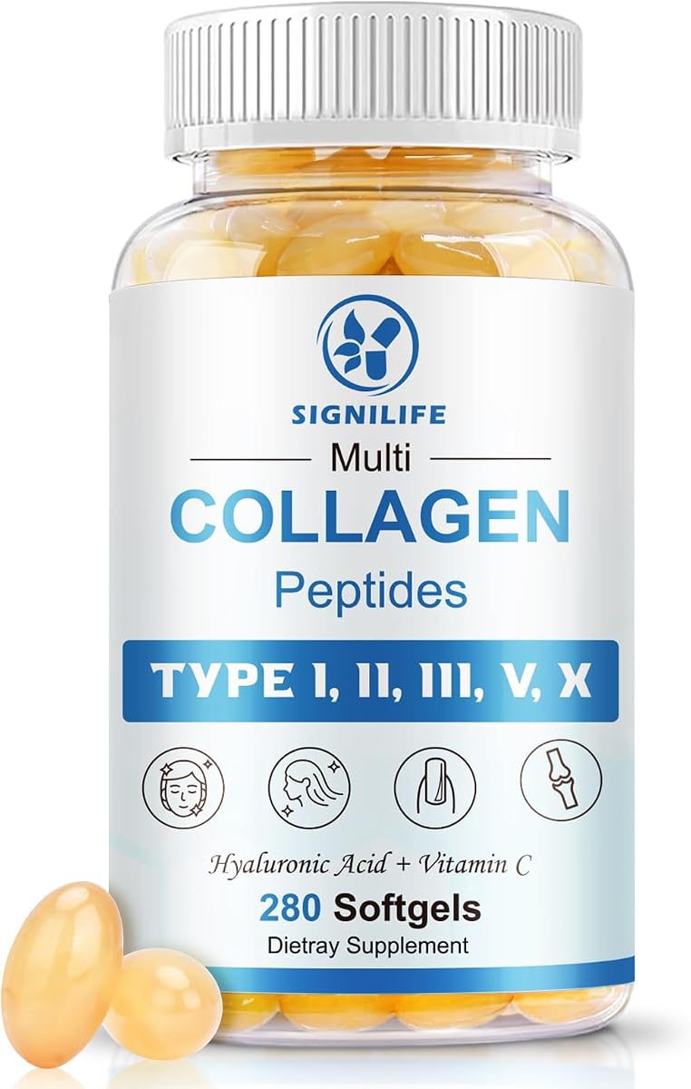 Péptidos múltiples de colágeno para mujeres y hombres tipo I, II, III, V, X | Péptidos de colágeno hidrolizado: con ácido hialurónico, vitamina C, biotina, compatible con la piel, el cabello y las uñas, sin OGM, 280 cápsulas blandas