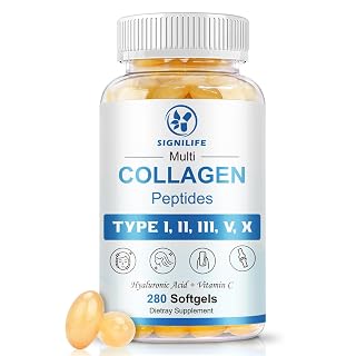 Multi Collagen Peptides for Women & Men, Hydrolyzed Collagen Peptides-Type I, II, III, V, X - with Hyaluronic Acid,Vitamin C,Biotin,Supports Skin Hair Nail, Non-GMO, 280 Softgels - Amazon product rated Grade A