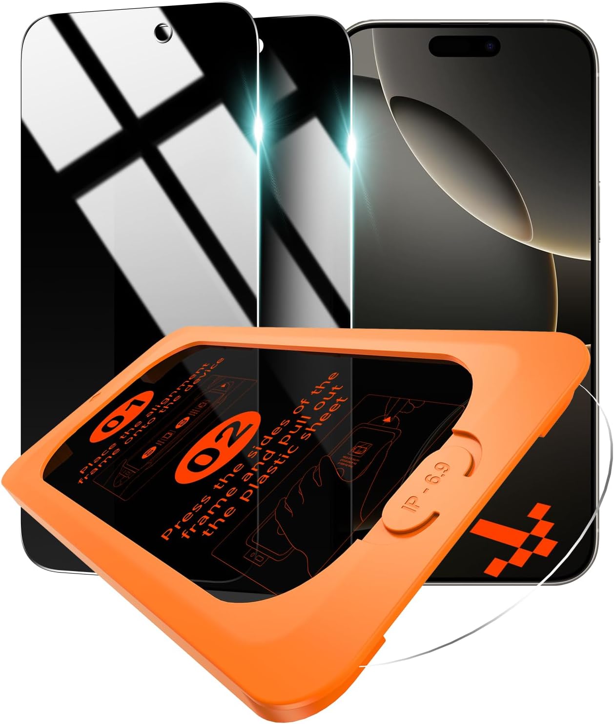 OMOTON Privacy Screen Protector for iPhone 16 Pro Max [Auto-Align Installation], Tempered Glass with 9H+ Hardness & 12FT Military Grade Shatterproof, 100% Anti-Spy, Full Coverage Protection, 2 Pack