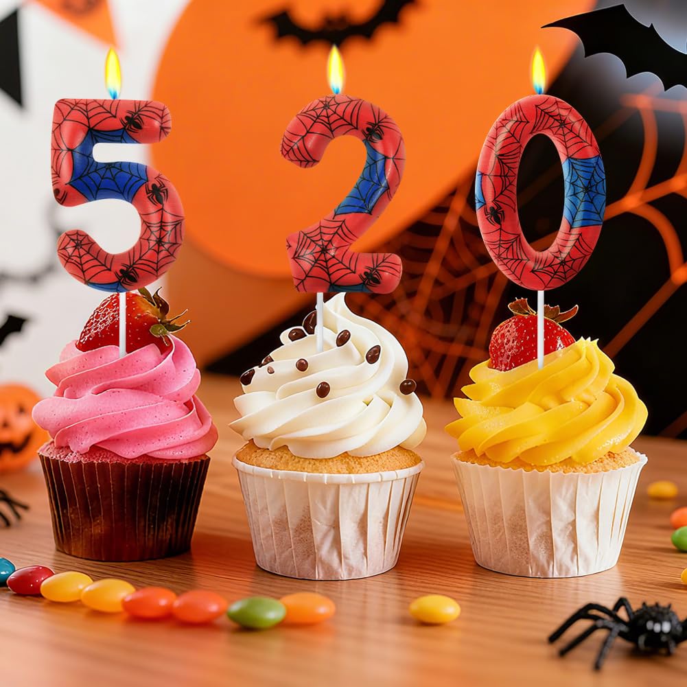 Set Di 16 Candele Per Torta Di Compleanno A Tema Ragno - Numero 5 Con Ragnatele Blu E Rosse - Decorazioni Per Festa 5 Anni Bambini - 4