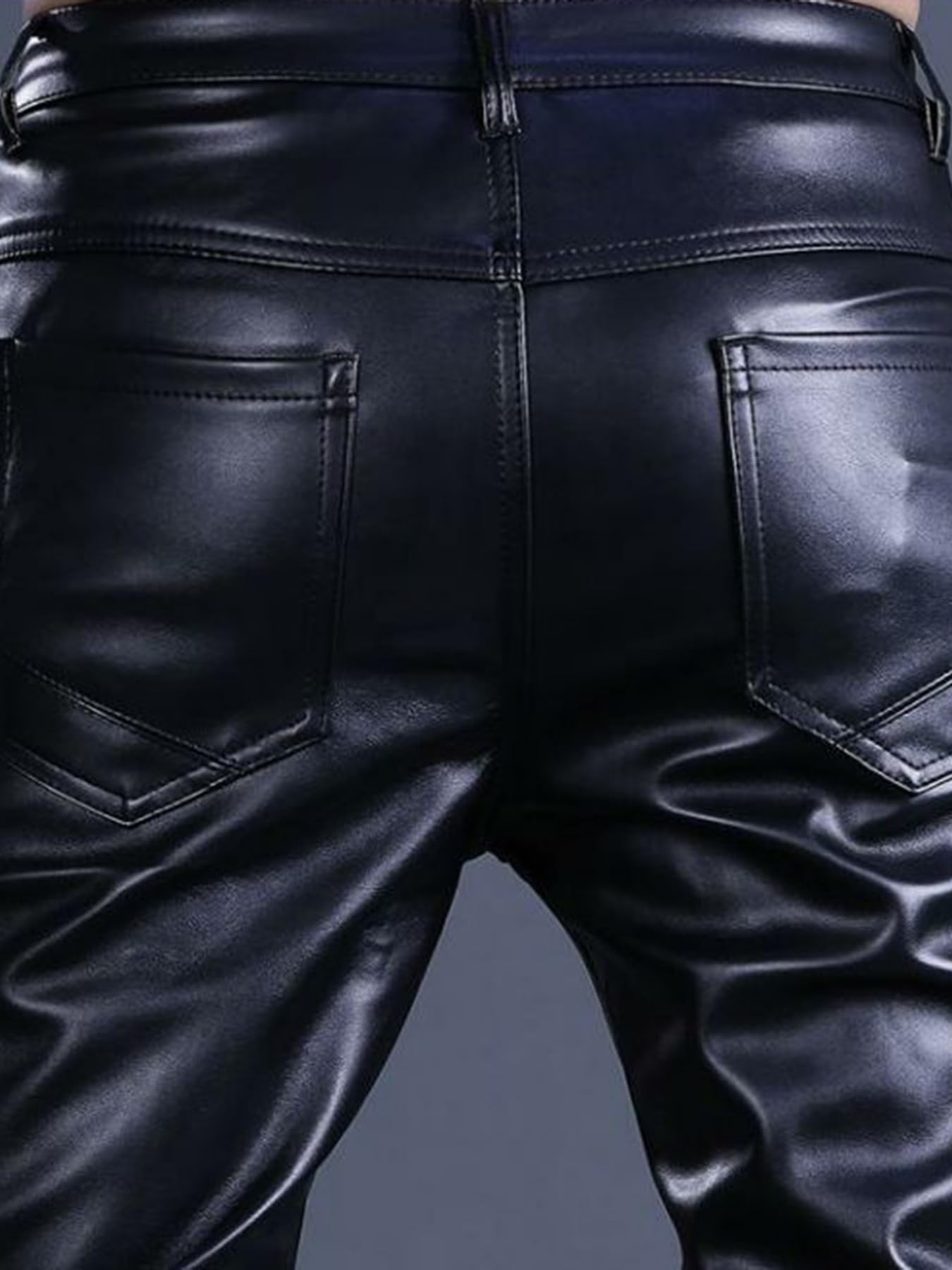 Idopy Pantaloni da uomo in pelle sintetica con cerniera, stile rock, stile steampunk, slim fit, nero, 54