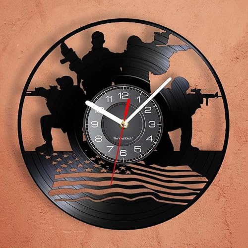 Miniatura 2 de Reloj de pared militar de diseño patriótico de 12 pulgadas, funciona con pilas, con bandera estadounidense, disco de vinilo decorativo, regalo