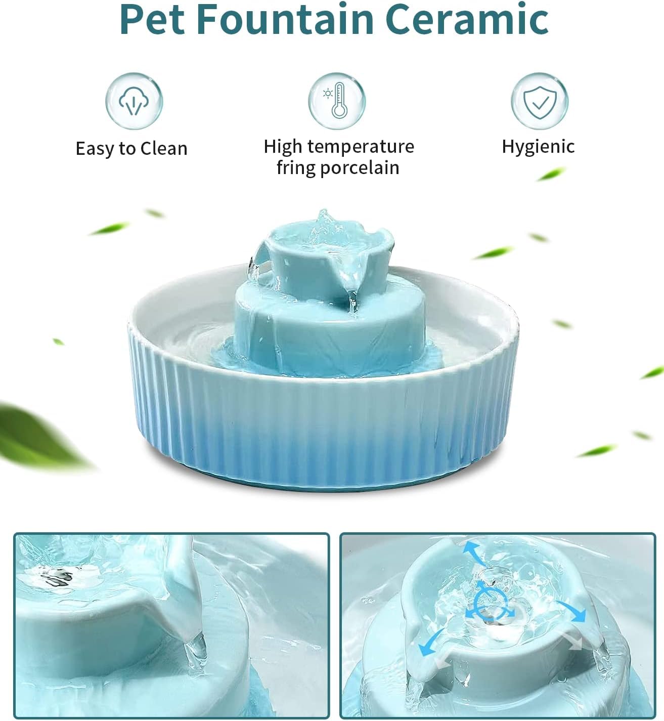 Fontana per gatti in ceramica, 2,1 l, silenziosa, con filtro a carbone attivo in cotone, per bere più animali domestici (sfumatura verde)