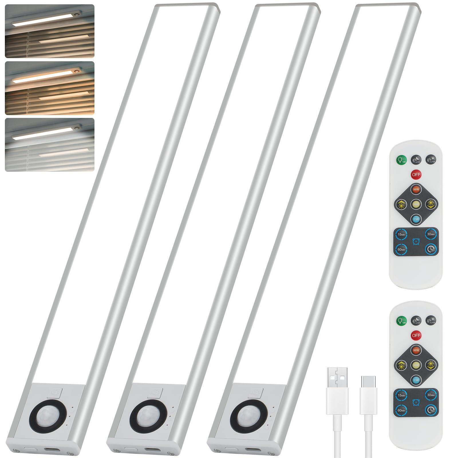 SUITRILA Led Under Cabinet Lights, 30 CM 3 Colors Motion Sensor LED Light, Remote/Touch Control USB Rechargeable Cabinet Light Magnetic for Kitchen,Basement,Cupboard,Stair,Wardrobe(3 Packs)