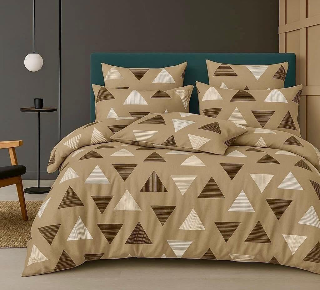 Draping Elegance 100% Cotton Feel 350 TC Glace Cotton Queen Size Flat Bedsheet – 90 x 100 Inches with 2 Pillow Covers | Soft, Wrinkle Resistant | Perfect for Home | Beige-Brown Triangle
