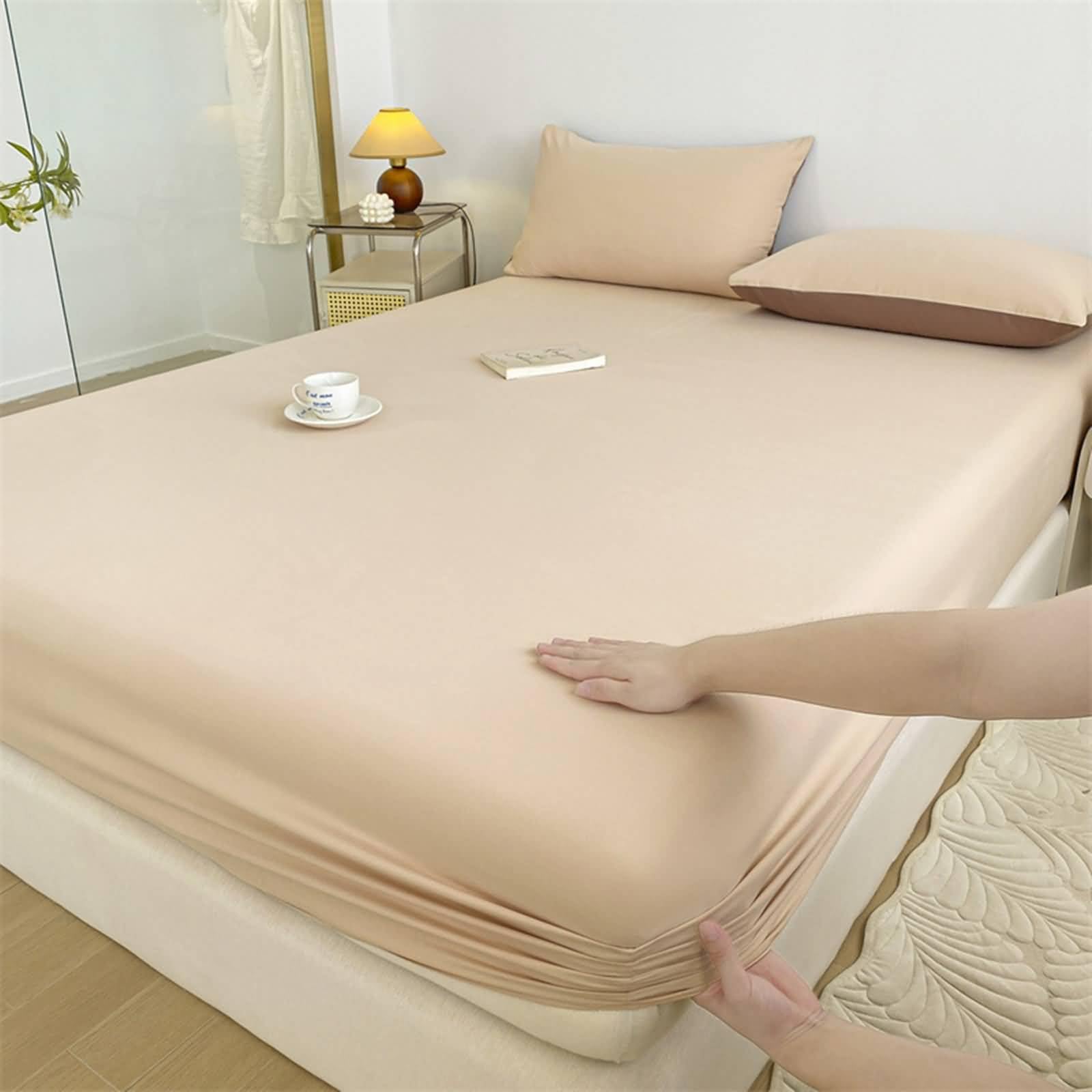 Juego de 3 Piezas Sábana Bajera Cama Matrimonio de Algodón, Color Sólido, 150 x 200 CM + 2 Fundas de Almohada, Sábanas Bajera Caqui Claro