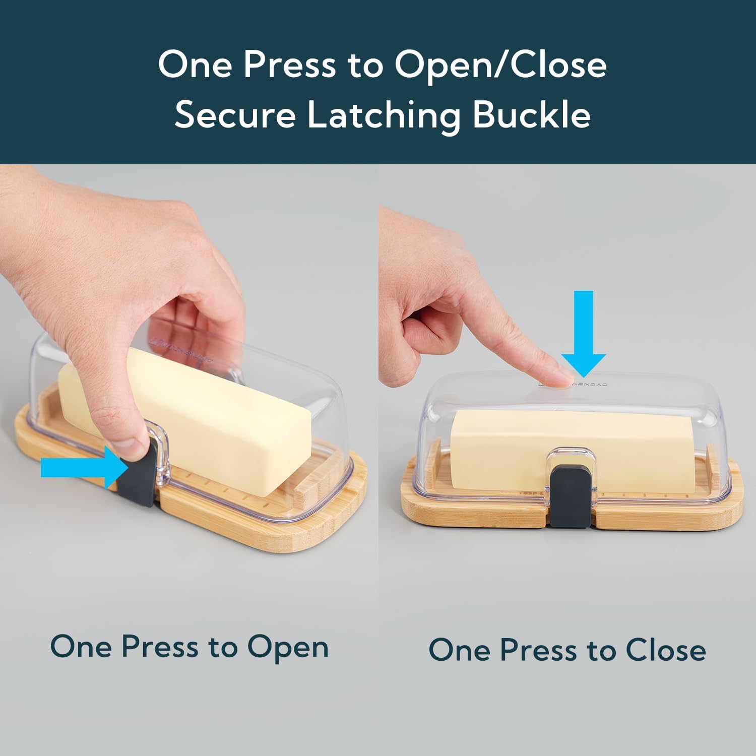 KITCHENDAO Bamboo One-handed Airtight Butter Dish with Lid for Countertop and Refrigerator Door Shelf, Butter Holder with One Press to Open/Close Latching Buckle for West/East Coast Butter