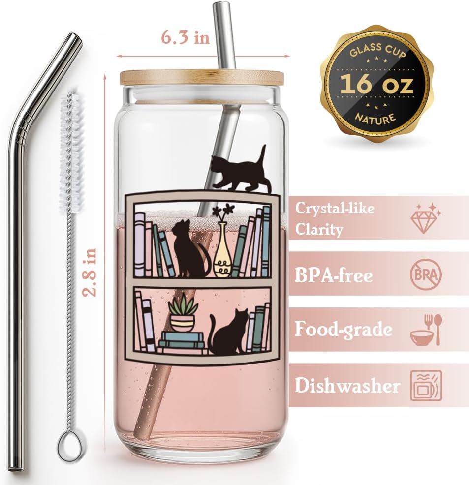 Black Cat Bookish Coffee Glass Cup Gifts for Women Mom Friends Cat Lover Writer,16oz Book Themed Cute Drinking Cup with Lids Straws,Book Lover Gifts for Birthday Christmas Thanksgiving Mother day-53 - Image 2