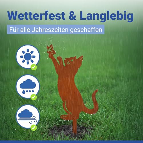 Maximex Gartenstecker Katze und Schmetterling, wetterfeste Gartendeko, Metall mit Edelrost-Patina, für Garten, Terrasse und Balkon, 29,5 x 53 cm