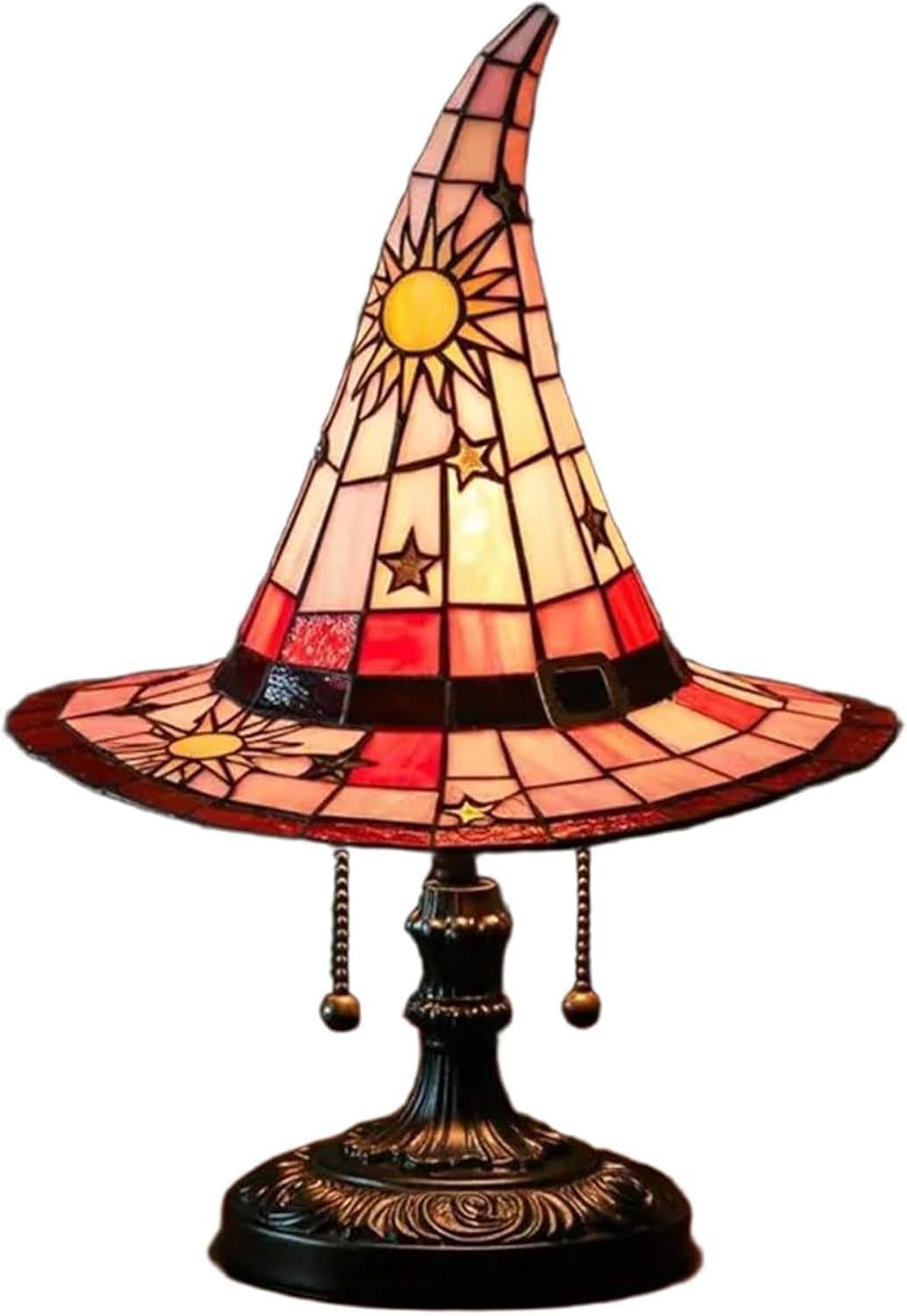 Stained Glass Witch Hat Lamp with Mystical Charm, Gothic Wizard Hat Shape Lights, Unique Vintage Lamp for Bedroom Party of Halloween Decor (Red, L)