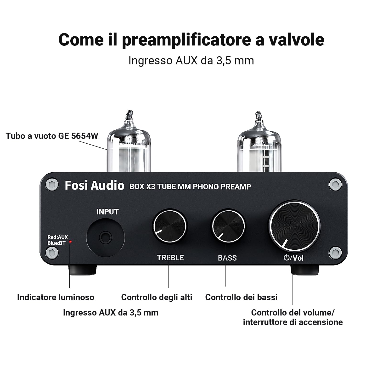 Fosi Audio BOX X3 Tube Phono Preamplificatore Giradischi Bluetooth 5.0 Mini Stereo Hi-Fi