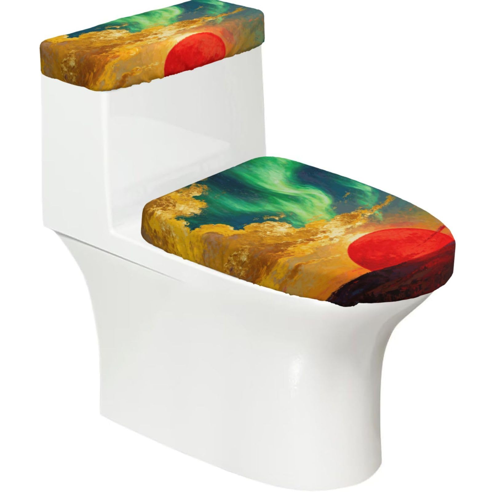 Sun Cloud Aurora Elastic Toilet Cover Set of 2-Stretchy Lid and Tank Covers for Bathroom, Soft Washable U Shape Toilet Decor