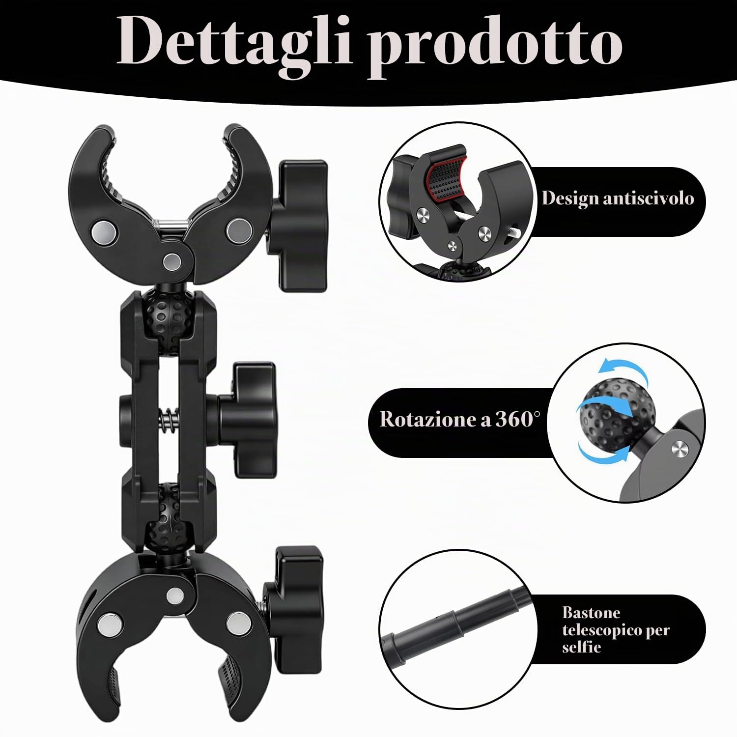 Supporto per fotocamera da moto, Supporto Morsetto per Fotocamera con bastone per selfie da 120 cm, Motociclo per Fotocamera Action Camera Manubrio, supporto per manubrio bicicletta Insta360 X4 X3 X2