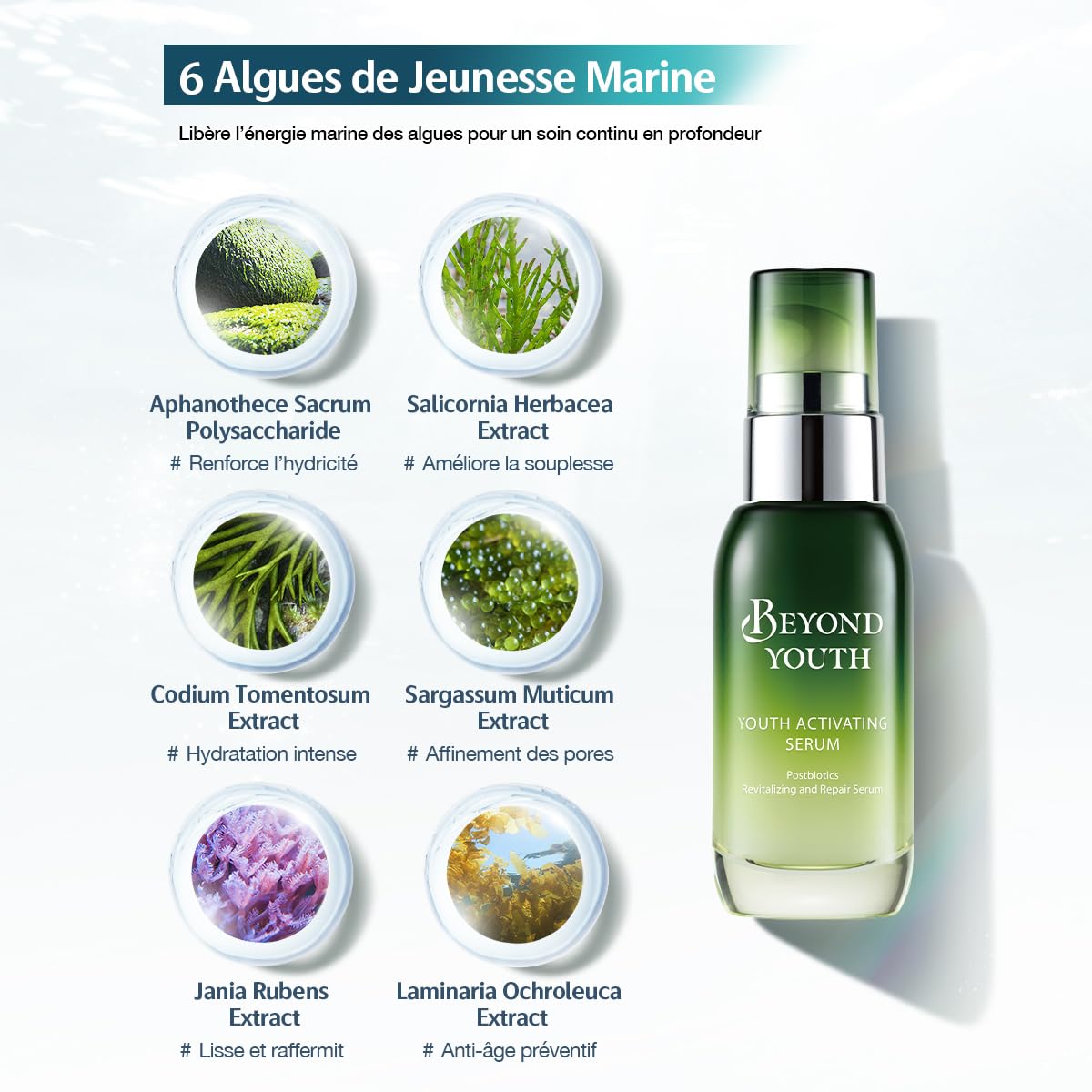 BEYOND YOUTH Sérum Activateur de Jeunesse - Revitalise & Répare les Peaux Sèches & Sensibles, Lysat de Ferment de Bifida, 7 Postbiotiques, Vitamine B5 & 6 Extraits d’Algues – 35 ml