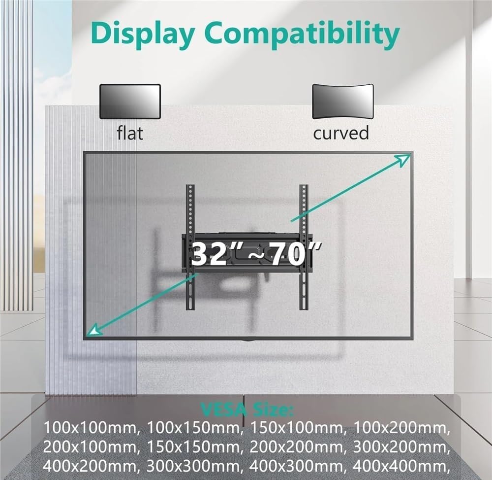 Soporte TV Pared Movimiento Completo 33"-70" Pulgadas televisor hasta 45 kg, Montaje Doble Brazo con Inclinación, Giro y Extensión sin Herramientas, Universal. MAX VESA 400x400mm