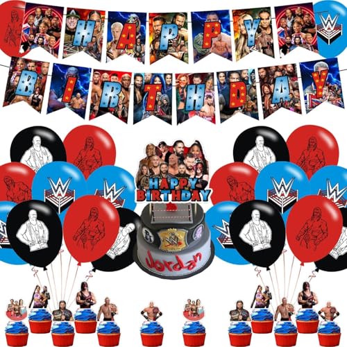 Wrestling Party Decorations,Birthday Party Supplies For Wrestling Party Supplies Includes Banner - Cake Topper - 24Cupcake Toppers - 18 Balloons