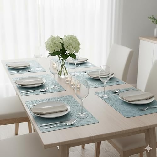 Miniatura 7 de Juego de 6 manteles individuales de piel sintética de 17 x 12 pulgadas, color azul hielo, lavables, lavables y resistentes al calor, manteles