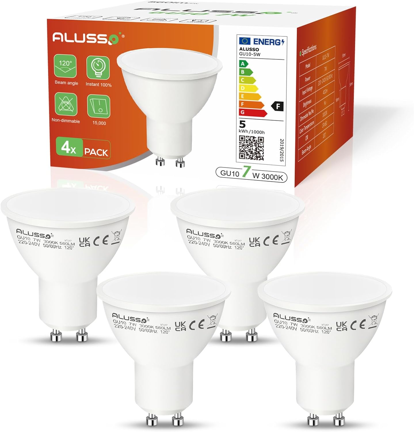 ALUSSO LIGHTING GU10 LED 7W Bulbs, Replaces 70W Halogen Lamp, 560 Lumen