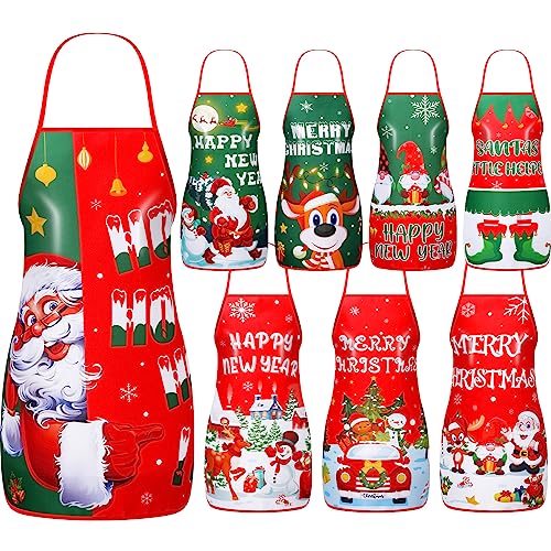 Kigeli 8 Pieces Christmas Kitchen Cooking Apron Adjustable Holiday Santa Claus Snowman Apron for Women Holiday Decoration(Cute)
