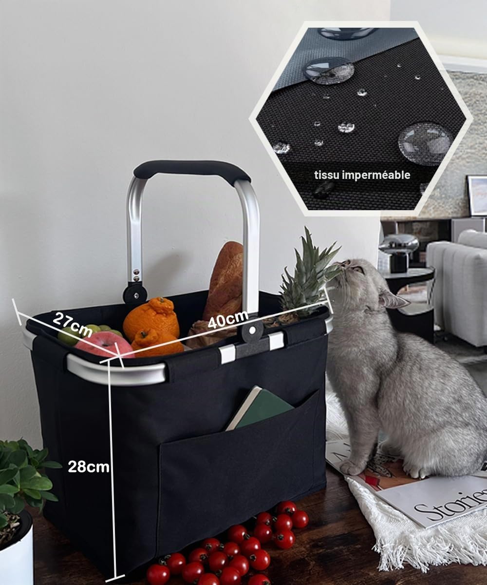 Diurwur Panier de transport, pliable, grand, avec poignées rembourrées, pratique, avec cadre en aluminium, stable, 30 l, idéal pour les voyages, les pique-niques, les courses, les cadeaux