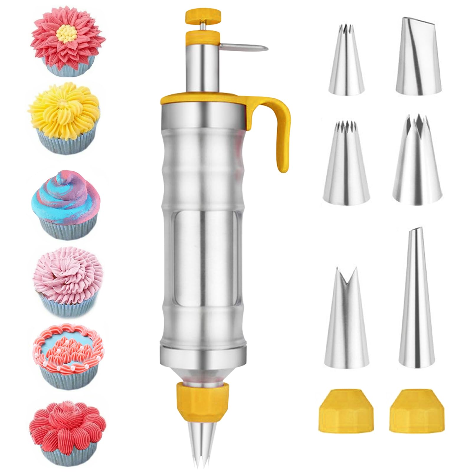 Tortenspritze, Garnierspritze Edelstahl Set, Profi Sahnespritze mit 6 verschiedene Spritztüllen, Dessert Dekorieren Spritze, Garnierspritze Profi für Cupcakes und kreative Tortendekoration