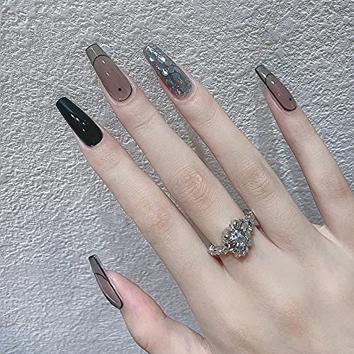 Glamativity Glossy Long Press on Nails, Coffin Nail Tips Fake Nails False Nails with Design Full Cover Acrylic Nails, Bl