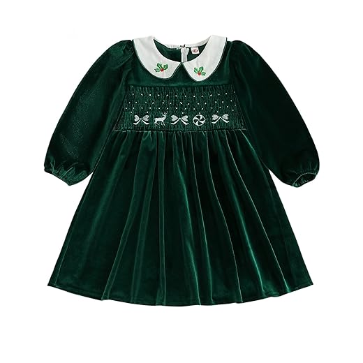 Vestido infantil de veludo de Natal para bebês meninas, manga comprida, gola de boneca, laço de rena, bordado, roupas de inverno