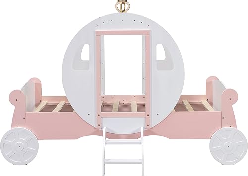 Miniatura 4 de Cama de tamaño individual en forma de automóvil con techo, marco de cama de piso de madera con diseño de ruedas y puertas, divertido diseño de juego