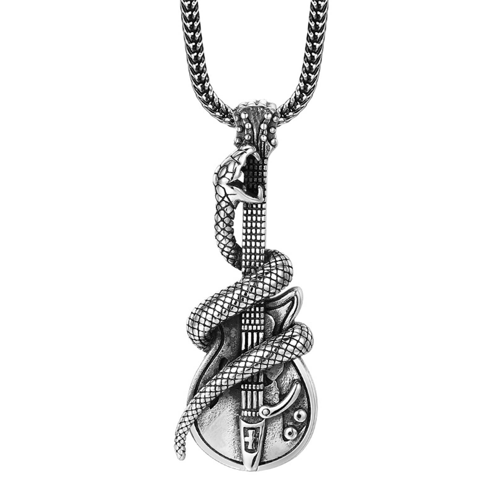Ciondolo Serpente per Chitarra da Uomo, Collana con Ciondolo in Argento Sterling S925 con Serpente per Chitarra Vintage Gotica,Argento,Single Pendant
