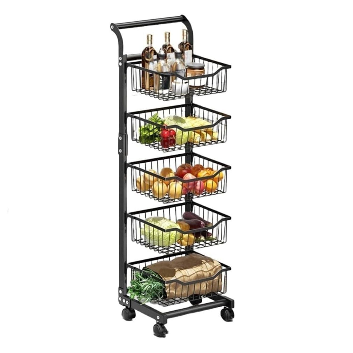 Carrito utilitario de metal resistente con estantes de almacenamiento ajustables, carrito delgado de 5 niveles y cesta de malla extraíble para una fácil instalación y movilidad