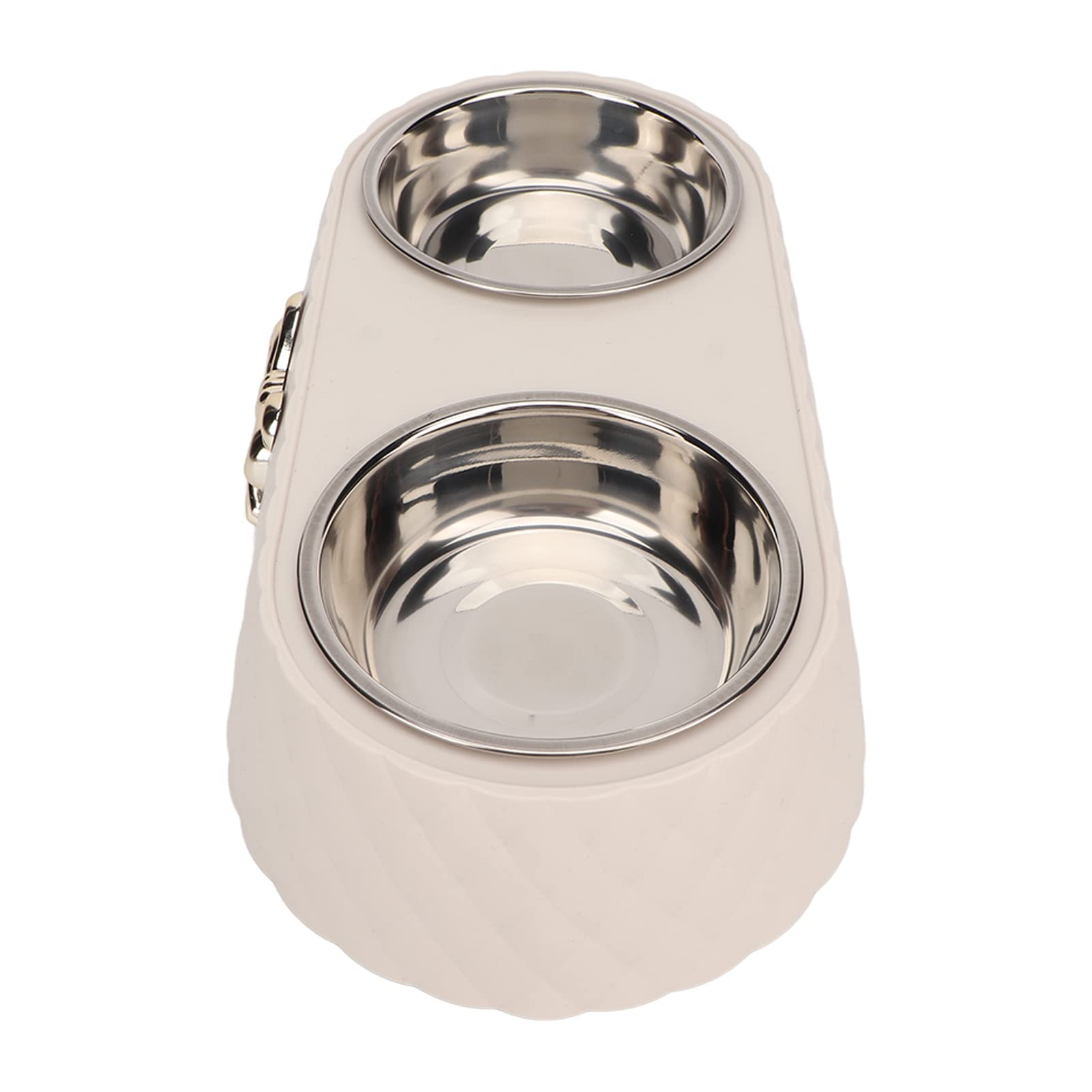 Akozon Stylish Bow Tie Pet Double Bowl Set - Stainless Steel Dog and Cat Feeding and Watering Bowls (Cream)