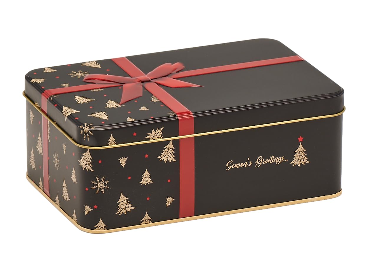Vintage Style Rectangular Hinged Lid Biscuit Cookie/Cake Christmas Tin - Season's Greetings Ribbon Design - Black - 19 cm