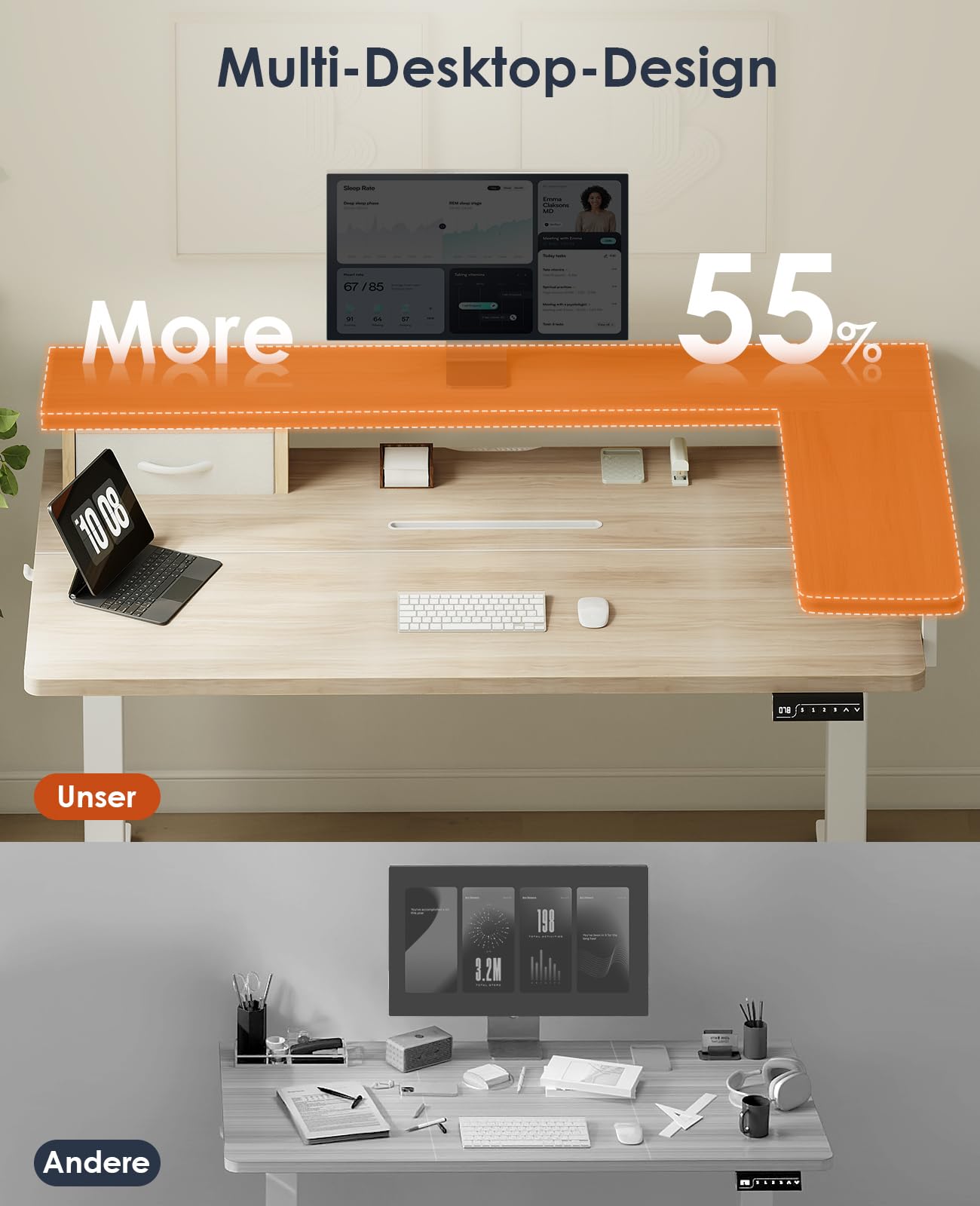 OffiGo Schreibtisch Höhenverstellbar Elektrisch mit Schublade und USB, 120 x 60 cm, Ergonomischer Steh-Sitz Tisch Computertisch, Maple