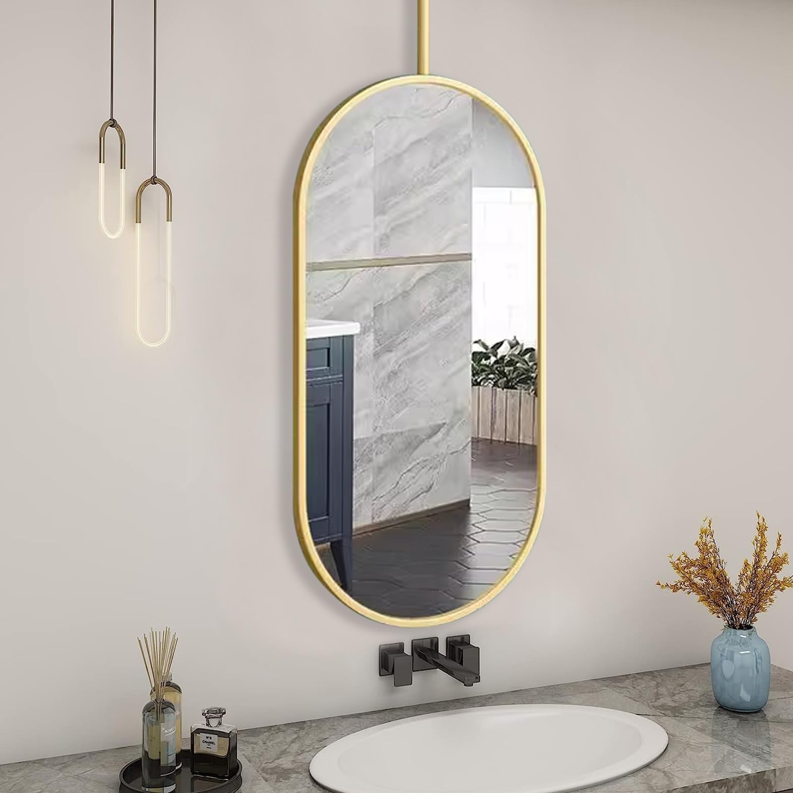 FGXHHS Gold, Oval Ceiling Mounted Mirror with Metal Frame and Boom, Vanity Shaving Makeup Mirrors, Wall Decor Mirrors (Size : 50cmx70cm)