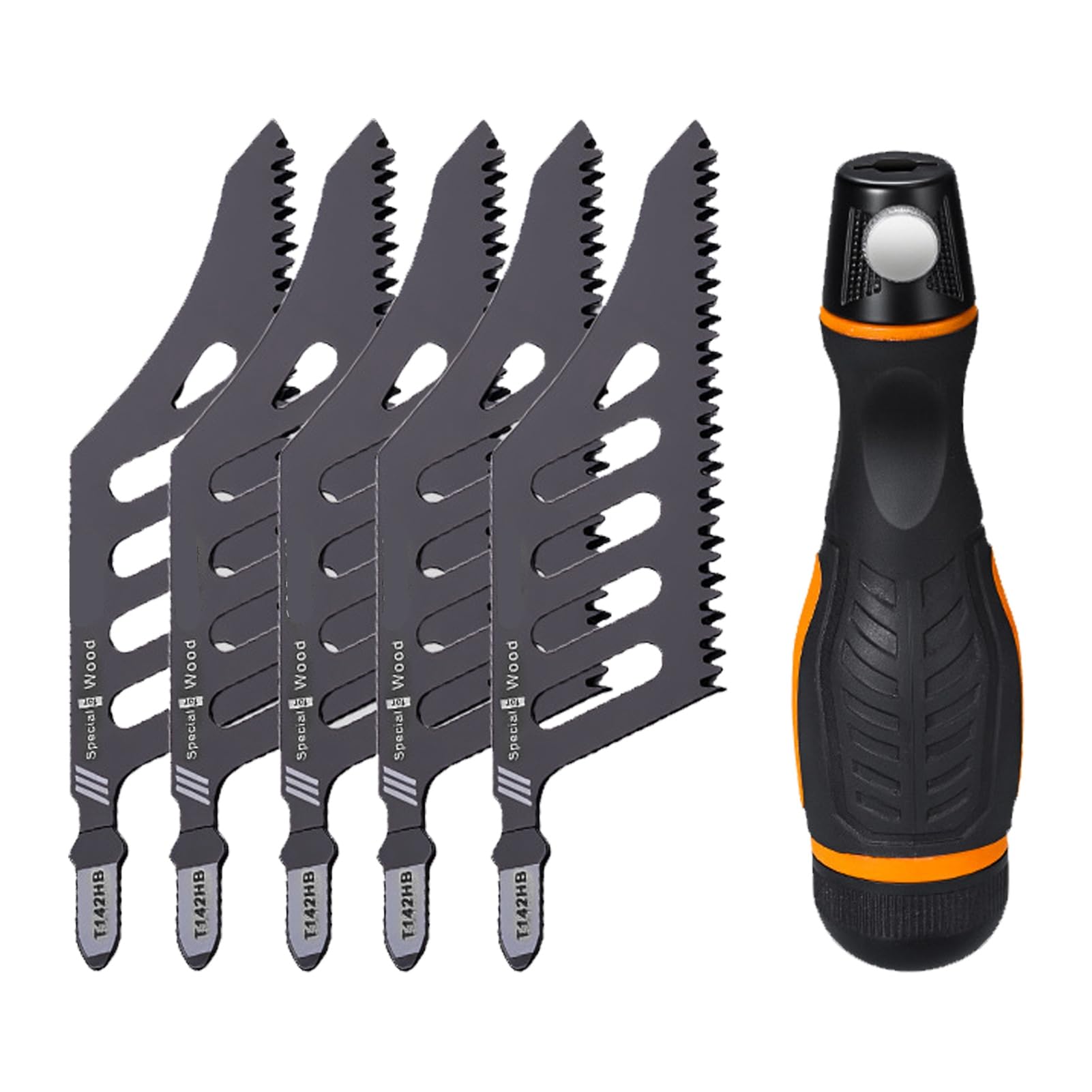 5pcs Lame de Scie Sauteuse de Coupe Affleurante, Lames de Scie Sauteuse à 3 Dents Face avec Poignée, Lames de Scie à Courbe Irrégulière pour Couper les Cloisons Sèches, Métal,