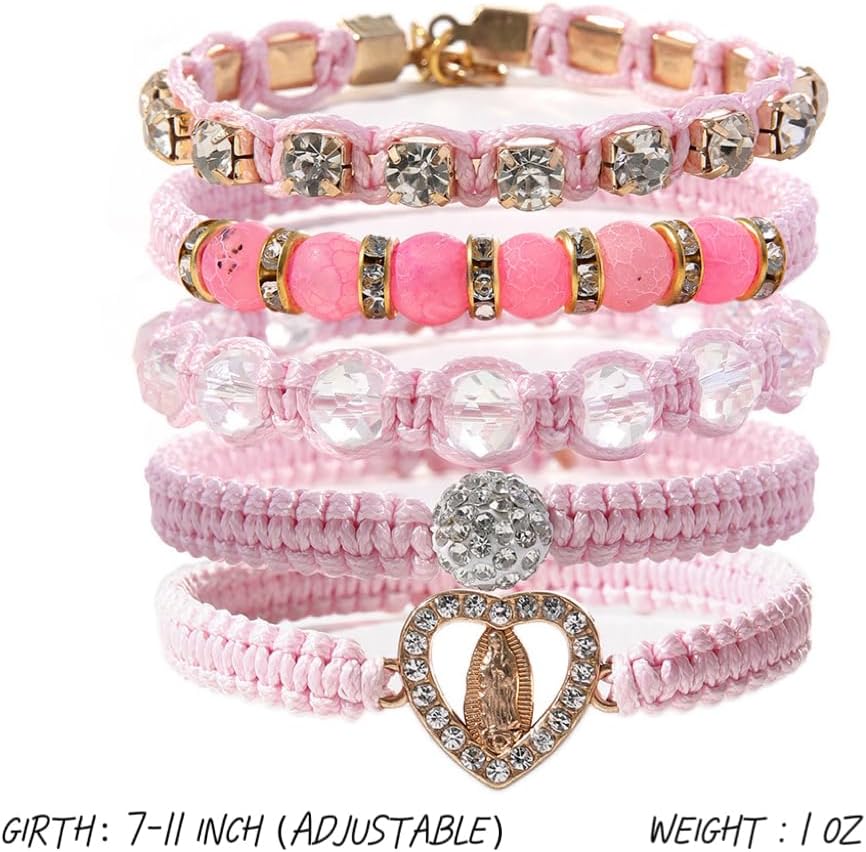 Pink Virgin Mary String Bracelet Set Handmade Mexican Tennis Crystal Boho Bracelets Stack For Women Lucky Friendship Catholic Religious Rosary - Image 4