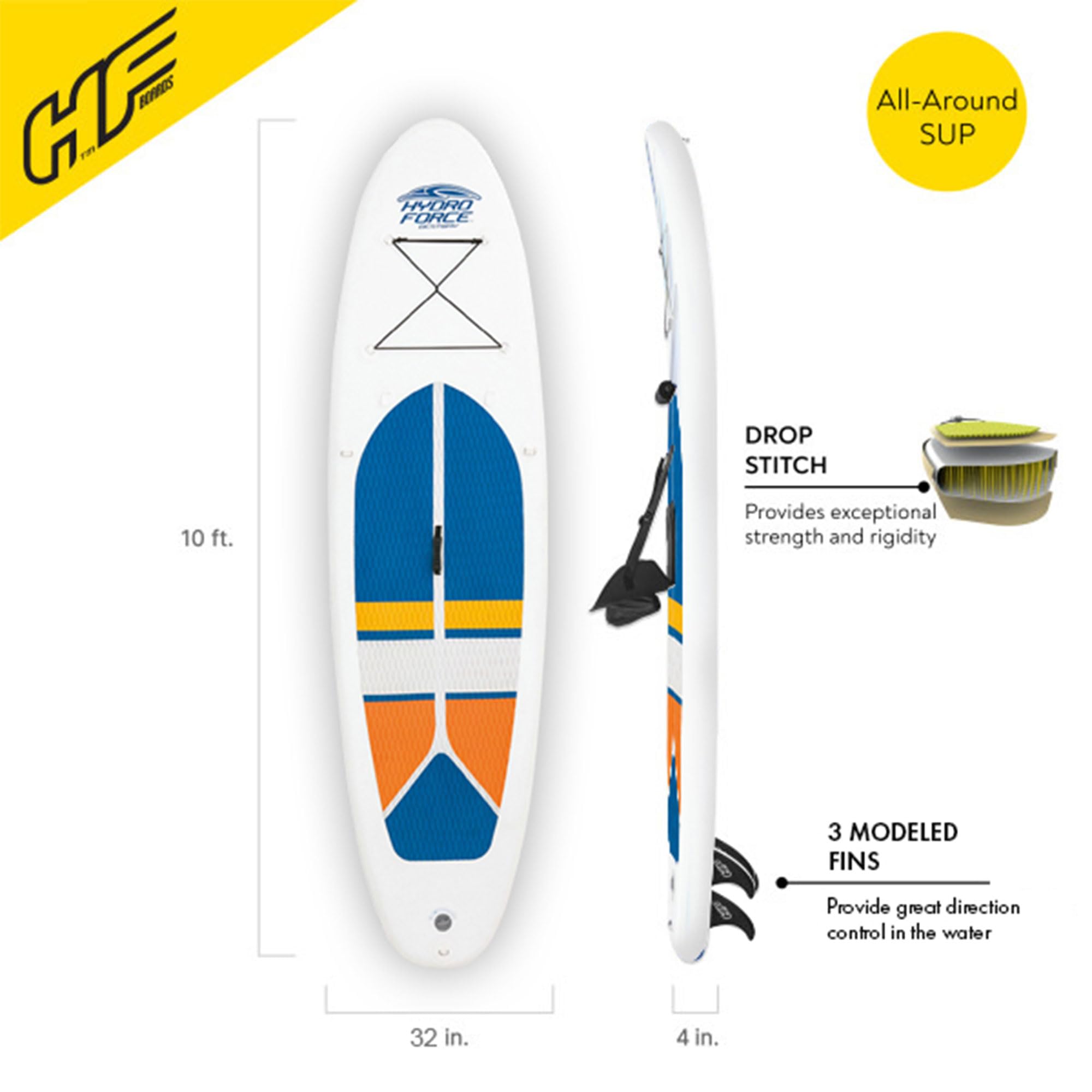 Bestway Hydro-Force White Cap 10' Inflatable Stand Up Paddle Board Kayak Water Set with Aluminum Oar, Hand Pump, and Travel Bag, White