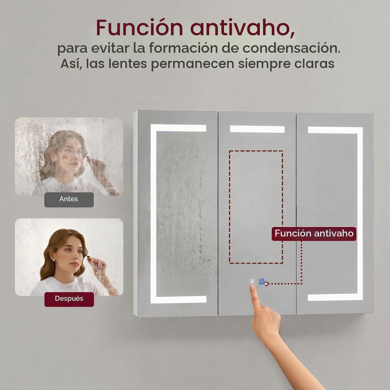 Caldion Armario con espejo de 120 cm para baño con 3 luces LED, función de desinfogación, armario de baño con 3 espejos, armario colgante con estantes, armario de pared con puertas de cristal, 120 x
