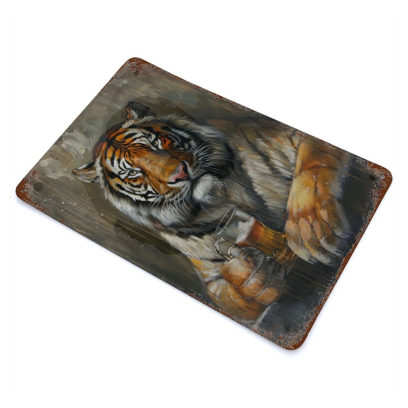 Beer Drinking Tiger Rust Effect Tin Sign 11.8"x7.9", Novelty Wall Decor for Garage, Pub Or Kitchen
