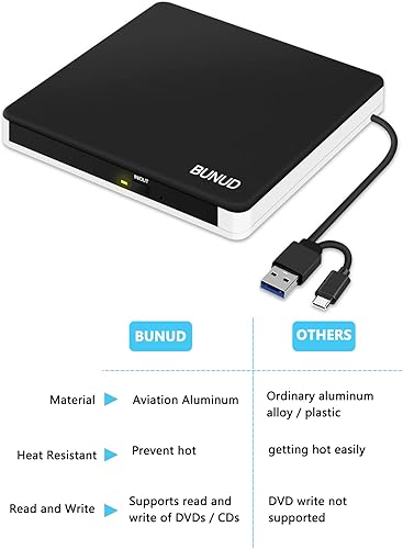 Miniatura 2 de Unidad externa de CD y DVD, USB 3.0 tipo C CD DVD +-RW grabadora de CD ROM, lector de disco óptico portátil, escritor con 2 ranuras USB y TFSD