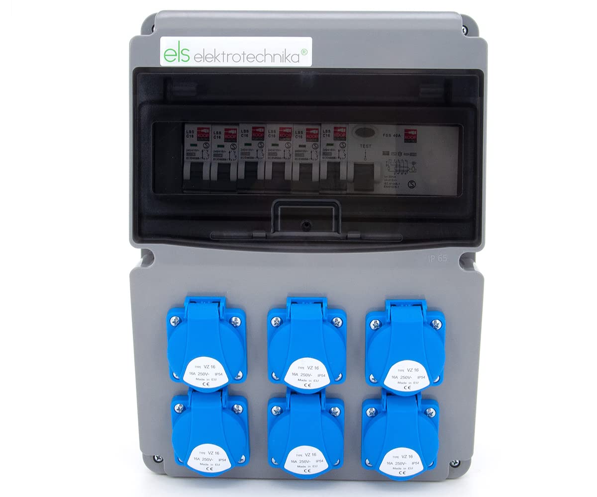ELS Elektrotechnika Quadro elettrico a parete 230V 16A con 6 x presa Schuko, distributore di corrente per cantieri 11-polig, scatole di distribuzione 1 x protezione FI 40A - 30mA, distributore di